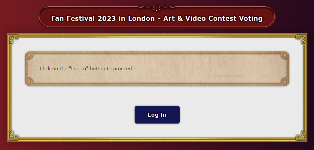 A screenshot of the landing page for the London Fan Festival 2023 Art and Video Contest Voting form, with the text click the log in button to proceed, and a button saying log in underneath.